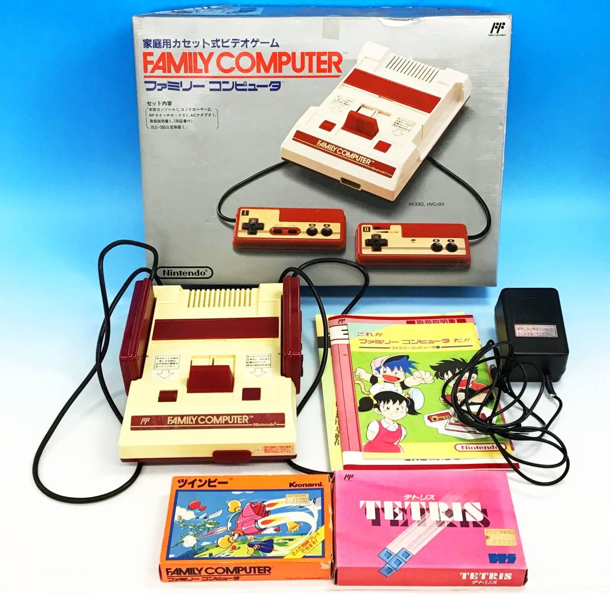 3点セット 任天堂 ファミコン 本体 HVC-001 ソフト コナミ ツインビー/テトリス 箱 取説付き ゲーム ACアダプター Nintendo FC_画像1