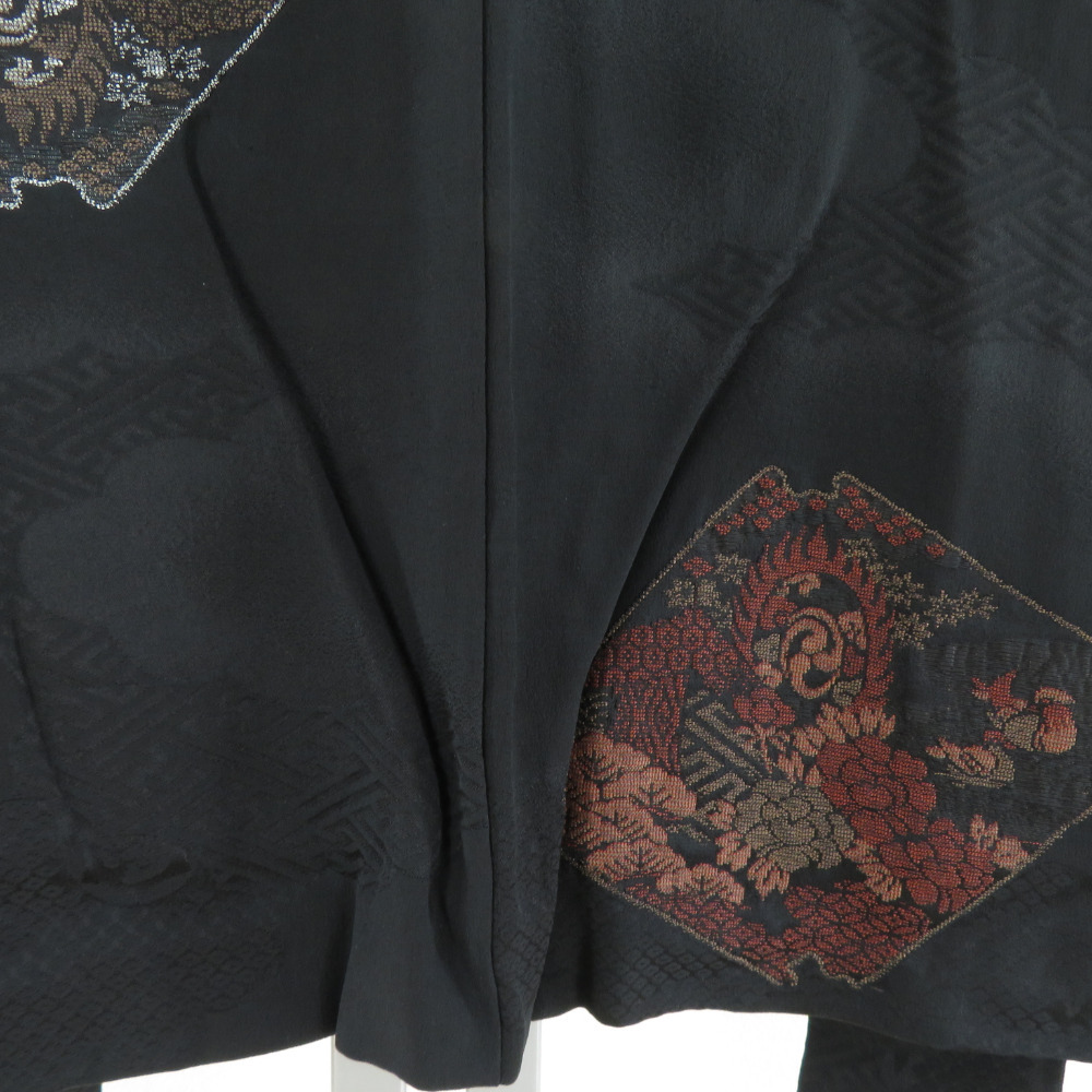 羽織 正絹 色紙調 正絹 一つ紋 黒色ｘ茶色 銀糸 着物コート 着物用 身丈81.5cm_画像7
