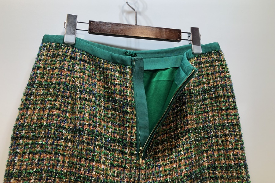経堂) DRAWER ドゥロワー FALL1 ツイードジップスカート ロングスカート KELLY グリーン 40 美品 定価￥94,600-の画像6