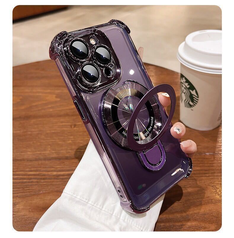 iPhone 15 Pro max ケース アイフォン15 プロ マックス カバー 透明 メッキ加工 耐衝撃 レンズ保護 スタンド付き MagSafe充電 選べる5色_画像7