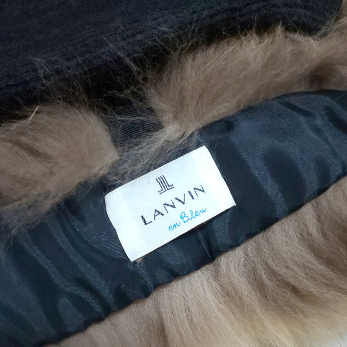 【極美品】LANVIN en Bleu ランバンオンブルー リボン付ラクーンファー ダブルロングコート ウールコート 千鳥格子 千鳥柄 ブラック 36/S_画像7