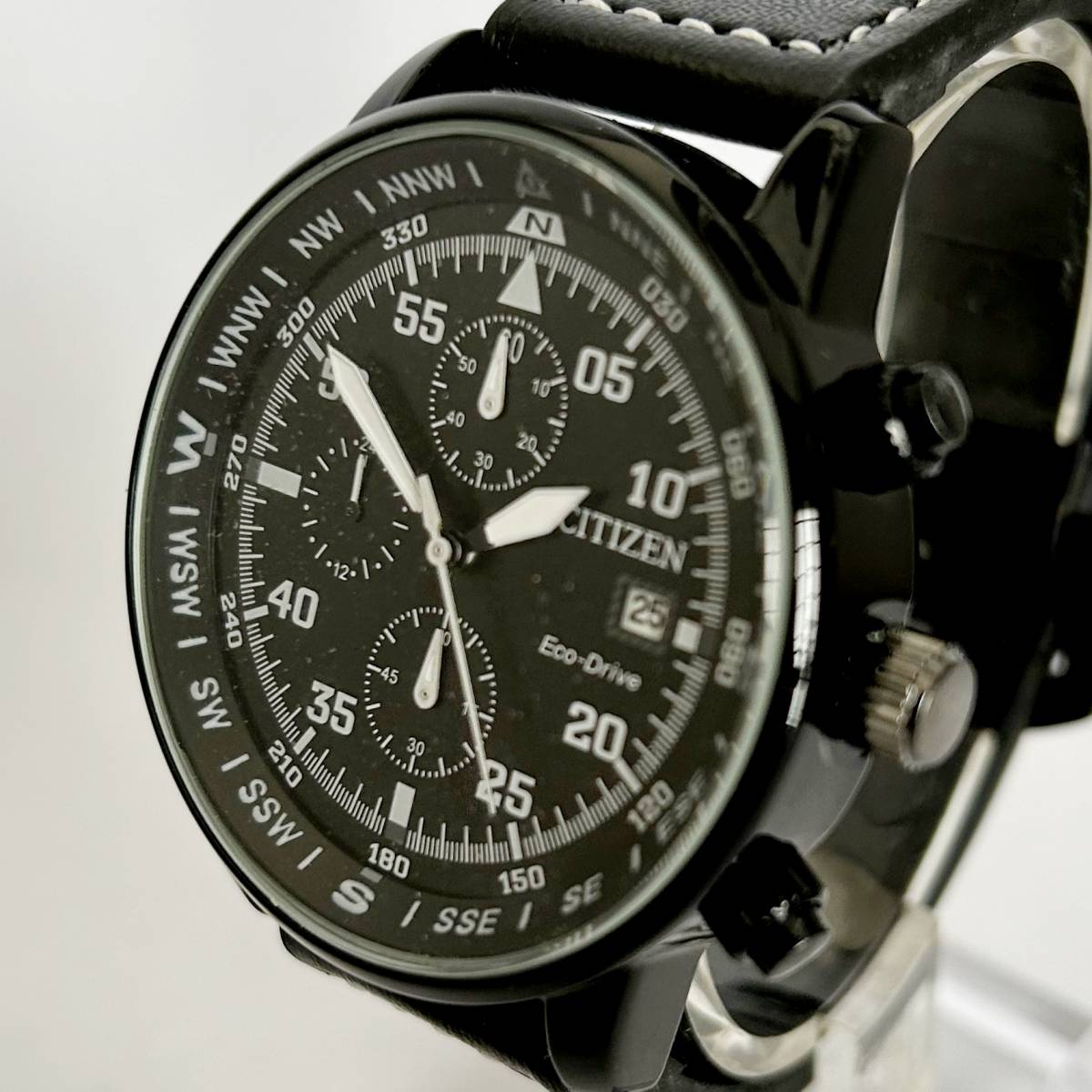 【CITIZEN ECO DRIVE】シチズンエコドライブ メンズ腕時計 44mm 黒ダイアル クロノグラフ デイト 黒革バンド 100m防水 海外仕様 GN-4-S