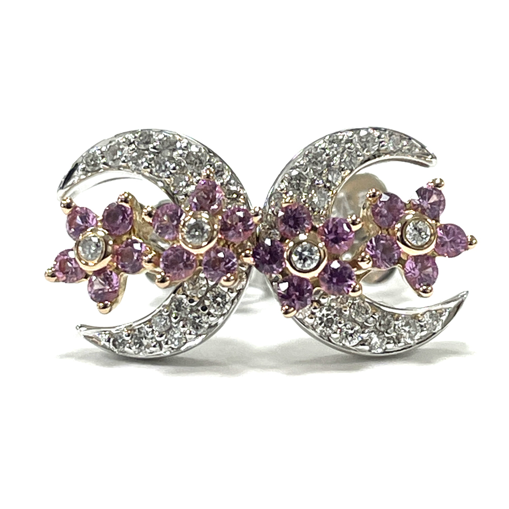 輝く高品質な 【中古】ポンテヴェキオ Ponte Vecchio ムーン&フラワー ピアス K18WG K18PG ダイヤ0.24ct サファイヤ0.32ct 3.5g ポンテヴェキオ