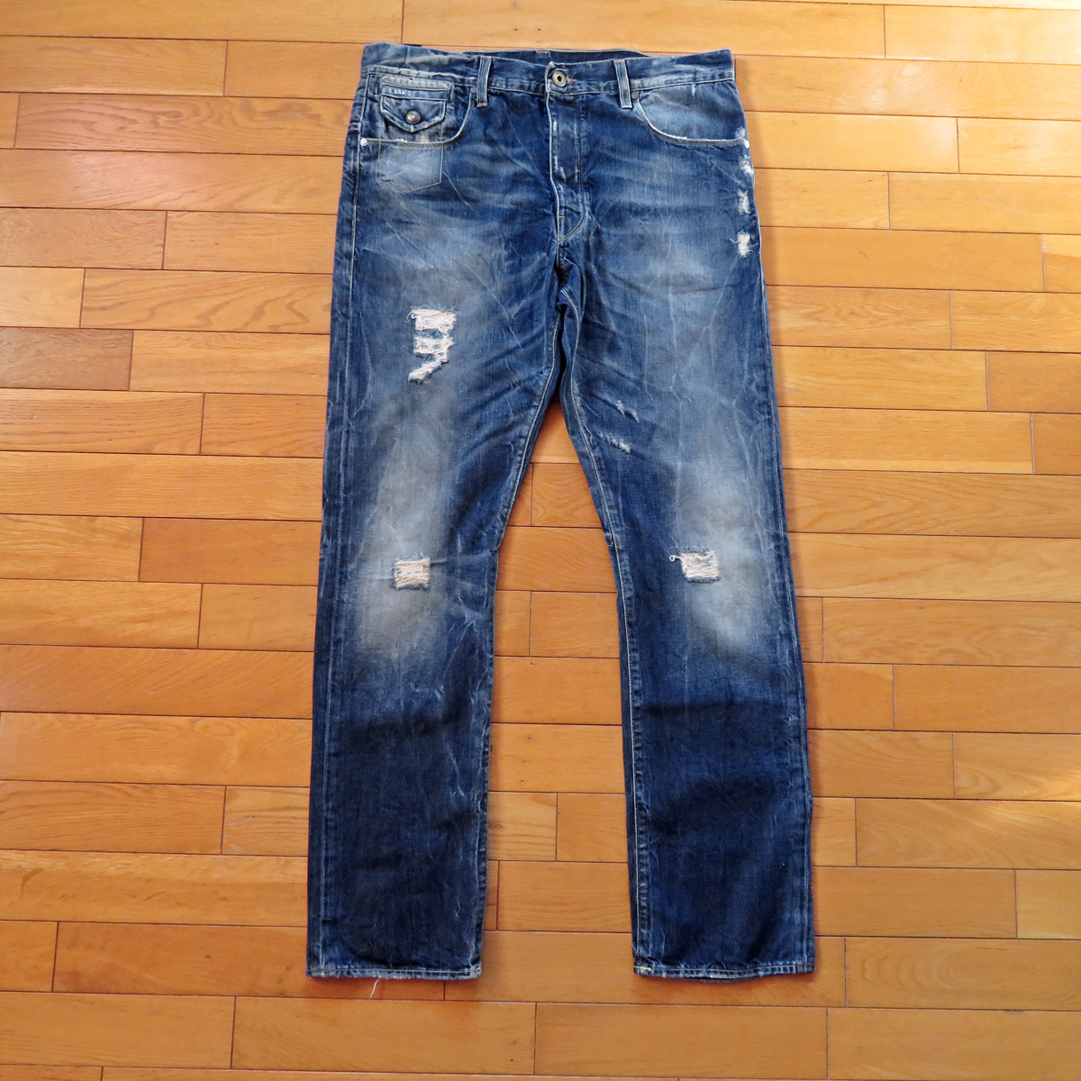 ジースターロウ G-Star RAW テーパード デニム イタリア製 ★ W34 ★ ジーンズ メンズ Morris TAPERED インディゴブルー ダメージ加工_画像2