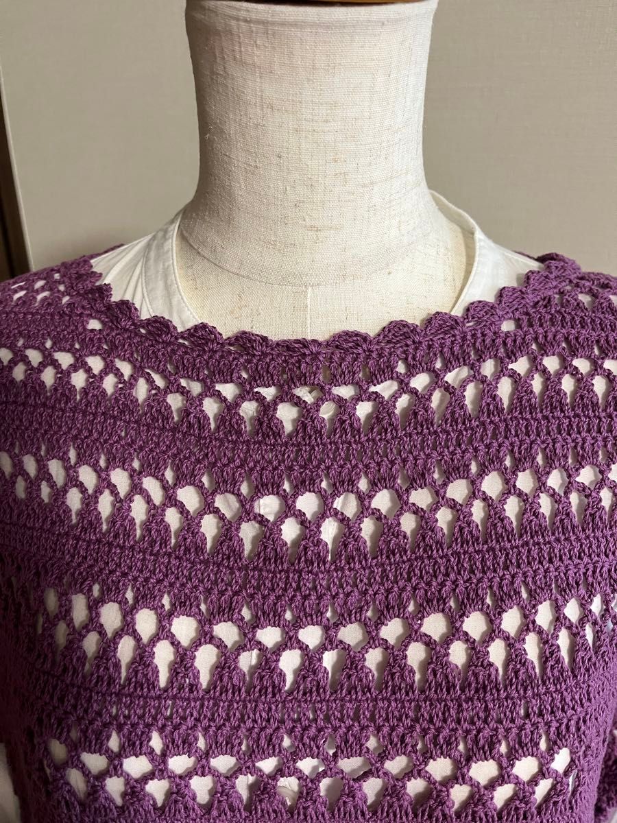 手編み　春夏　シンプルな模様で編んだかぎ針編みベスト　綿100%  パープル