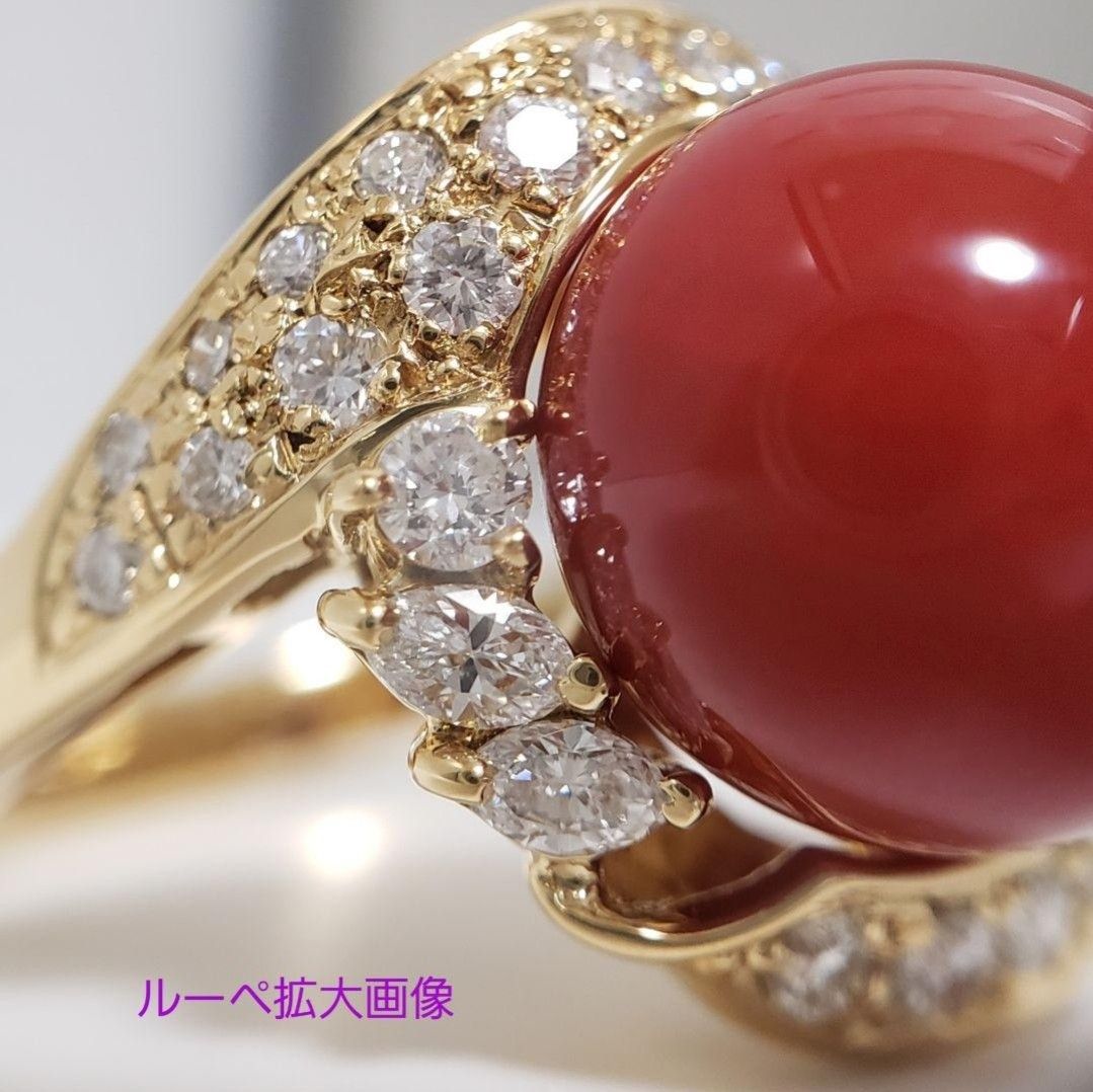 SALE 天然血赤さんごリング 11.5mm  K18 天然ダイヤ 0.61ct