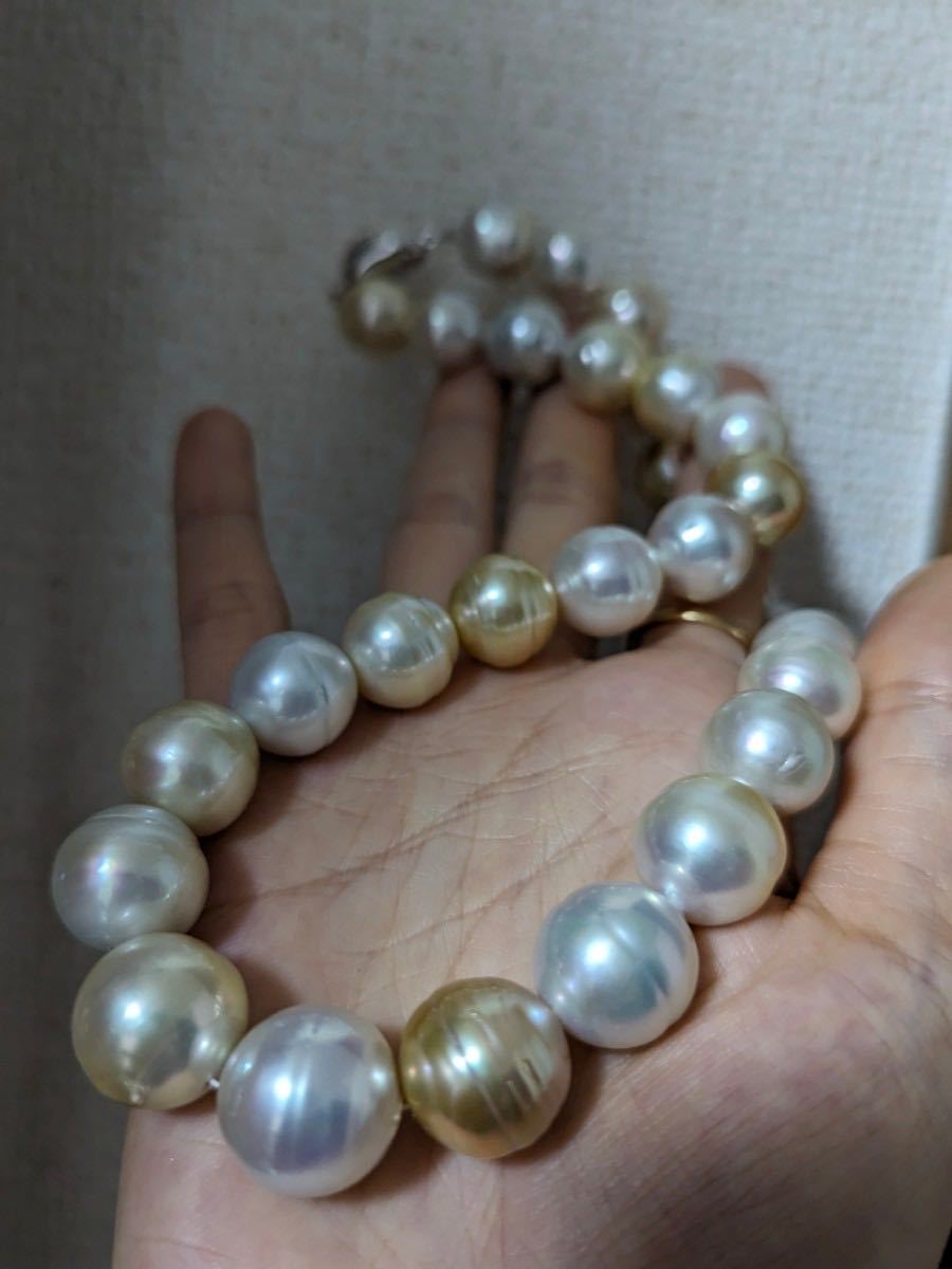 AN197　最大15.6mm　マルチカラー　南洋　白蝶真珠　無調色　ネックレス　天然