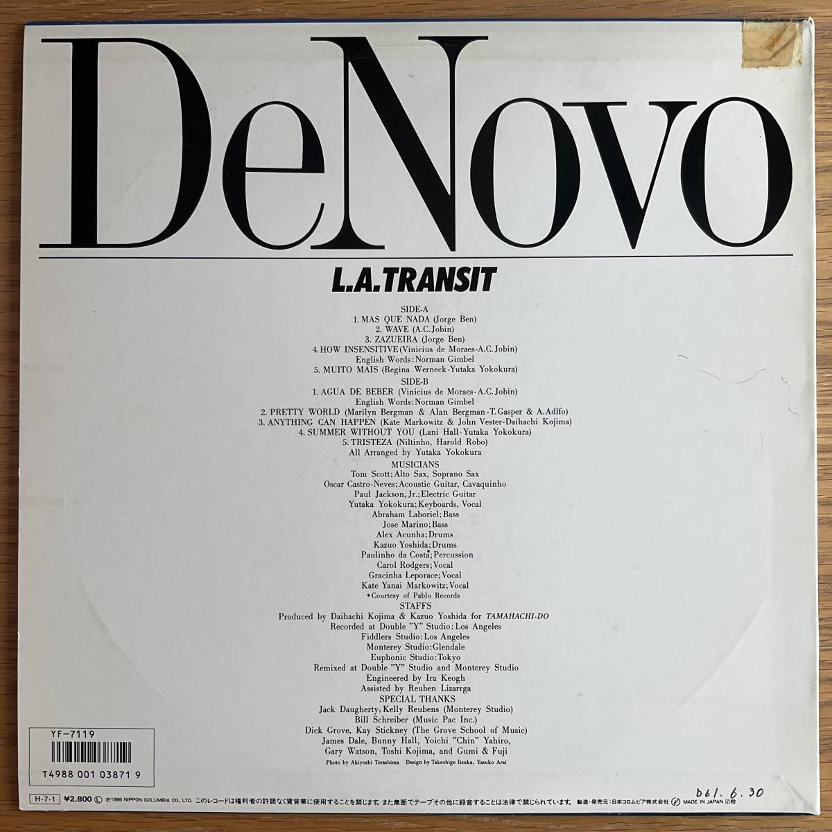 国内企画 L.A. TRANSIT De Novo 国内オリジナル盤 LP 和ジャズ GRACINHA LEPORACE 1986 INTERFACE YF-7119_画像2