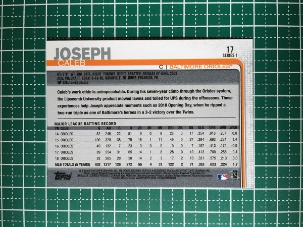 即決のみ！★TOPPS MLB 2019 SERIES 1 BASEBALL #17 CALEB JOSEPH【BALTIMORE ORIOLES】ベースカード 19★同梱発送可能！_画像2