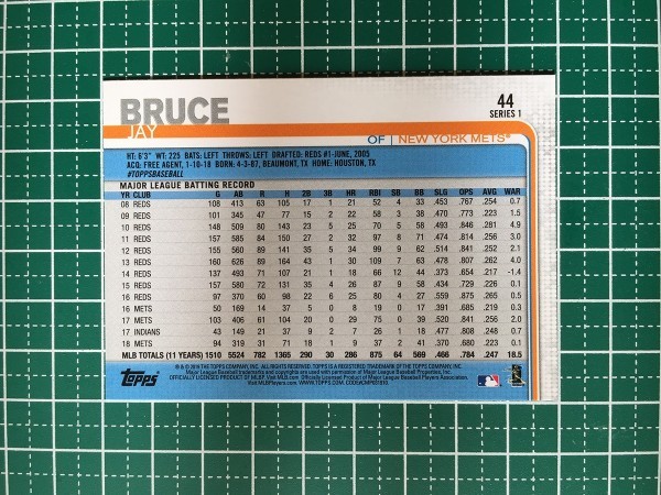 即決のみ！★TOPPS MLB 2019 SERIES 1 BASEBALL #44 JAY BRUCE【NEW YORK METS】ベースカード 19★同梱発送可能！_画像2