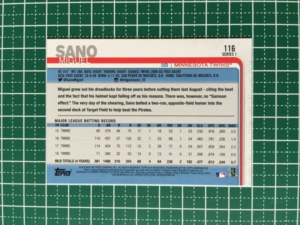 即決のみ！★TOPPS MLB 2019 SERIES 1 BASEBALL #116 MIGUEL SANO【MINNESOTA TWINS】ベースカード 19★同梱発送可能！_画像2