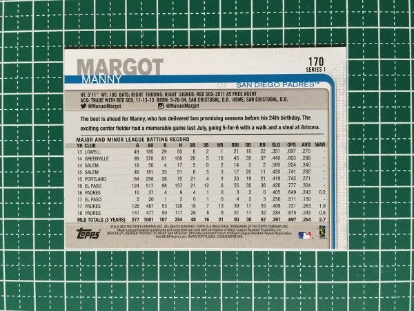 即決のみ！★TOPPS MLB 2019 SERIES 1 BASEBALL #170 MANNY MARGOT【SAN DIEGO PADRES】ベースカード 19★同梱発送可能！_画像2