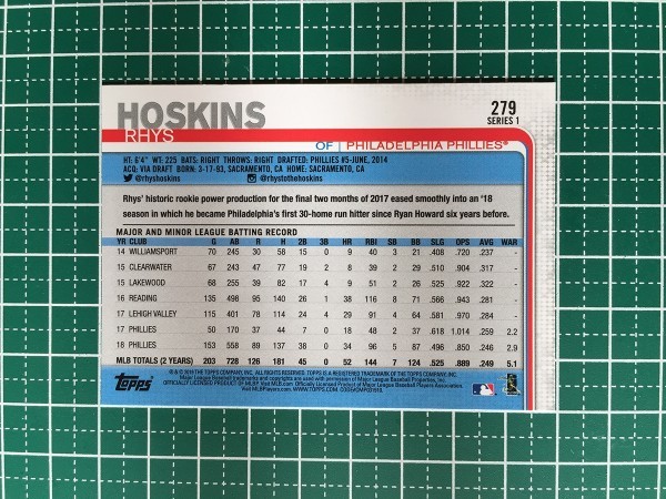 即決のみ！★TOPPS MLB 2019 SERIES 1 BASEBALL #279 RHYS HOSKINS【PHILADELPHIA PHILLIES】ベースカード 19★同梱発送可能！_画像2