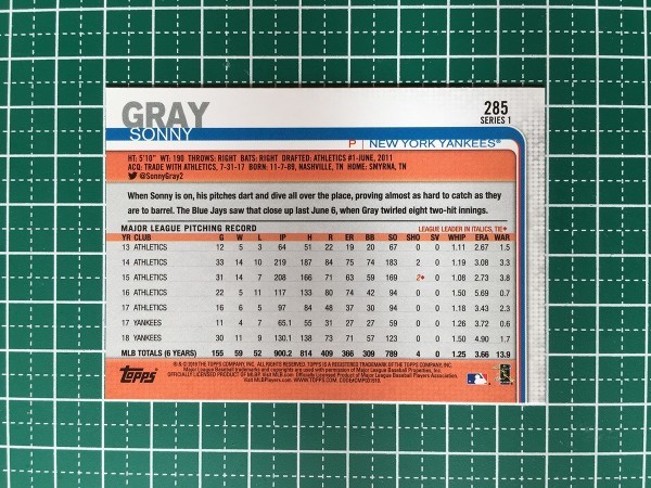 即決のみ！★TOPPS MLB 2019 SERIES 1 BASEBALL #285 SONNY GRAY【NEW YORK YANKEES】ベースカード 19★同梱発送可能！_画像2
