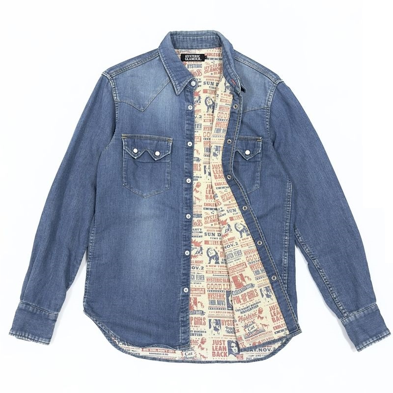 HYSTERIC GLAMOUR Hysteric Glamour SP processing SHOW reverse side total pattern S Denim long sleeve Western SH lining girl total pattern Western Denim shirt M size 