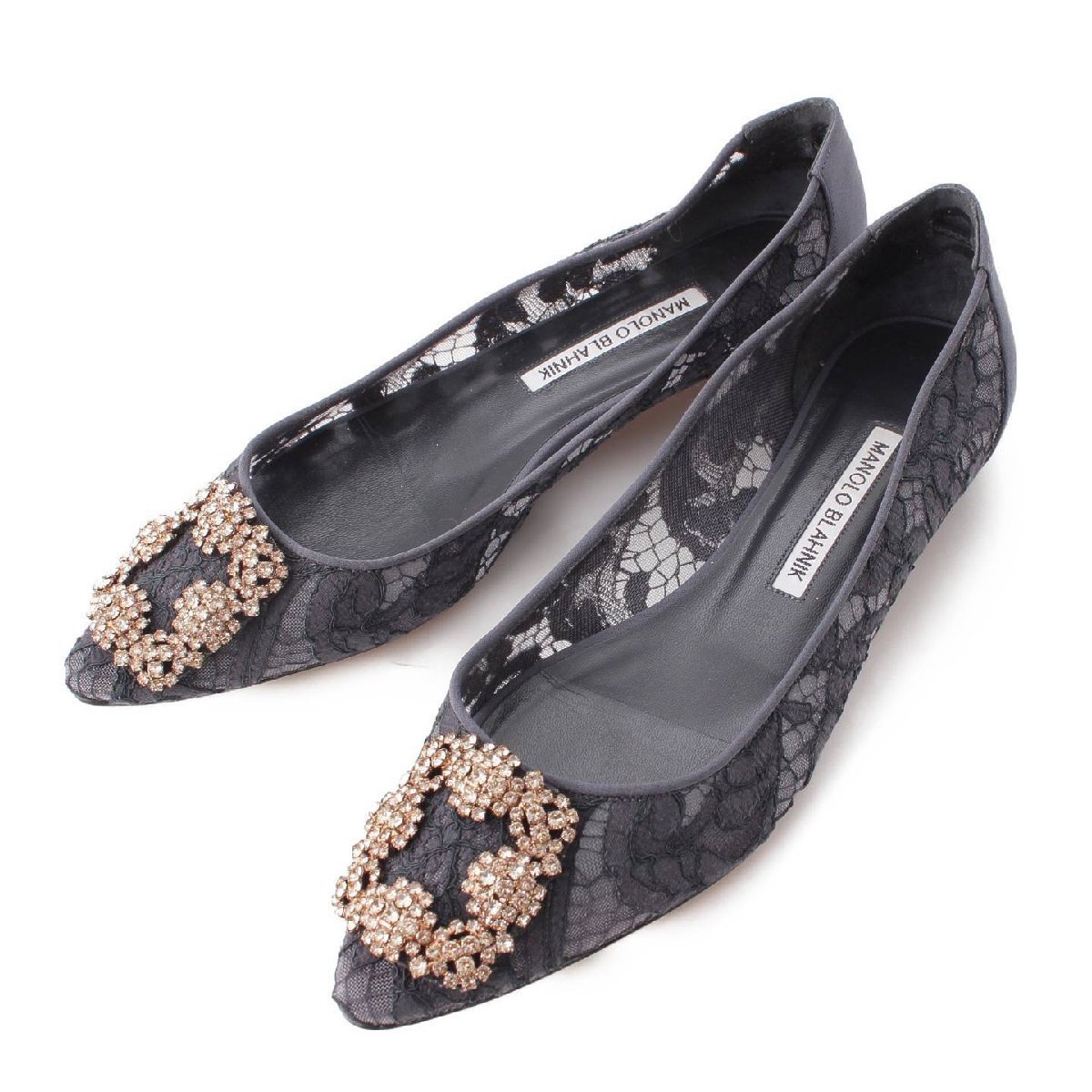 【マノロブラニク】Manolo Blahnik　ハンギシ ビジュー サテン レース パンプス グレー 37 1/2 【中古】【正規品保証】194105