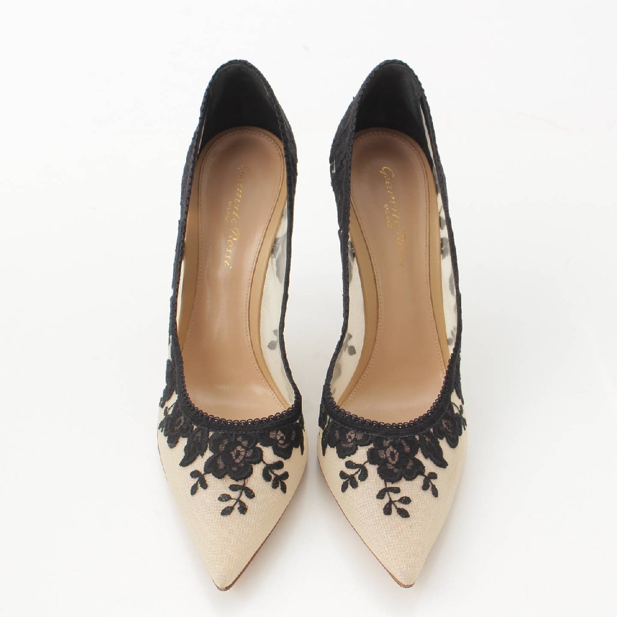 【ジャンヴィトロッシ】Gianvito Rossi メッシュ レース フラワー ヒールパンプス ブラック×ベージュ 38 1/2 【中古】195109_画像2