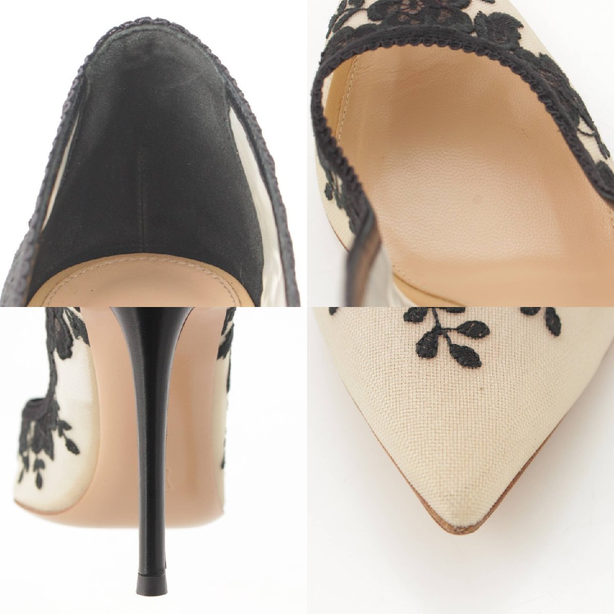 【ジャンヴィトロッシ】Gianvito Rossi メッシュ レース フラワー ヒールパンプス ブラック×ベージュ 38 1/2 【中古】195109_画像8