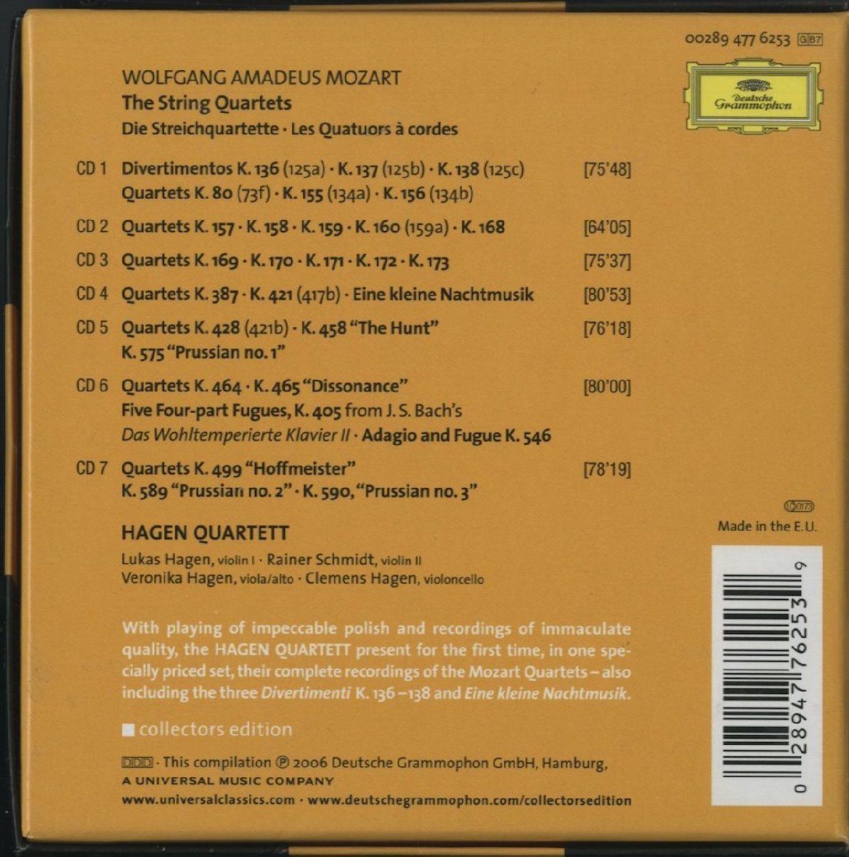 CD/ 7CD / ハーゲン四重奏団 / モーツァルト：弦楽四重奏曲全集 / 輸入盤 BOX 002894776253 40213M_画像2