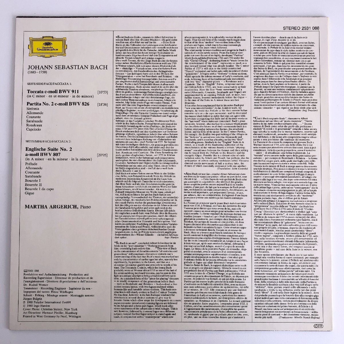 LP/ マルタ・アルゲリッチ / J.S.バッハ：トッカータ―、パルティータ、イギリス組曲 / ドイツ盤 コーティングJK DGG 2531088 40204-1623_画像2