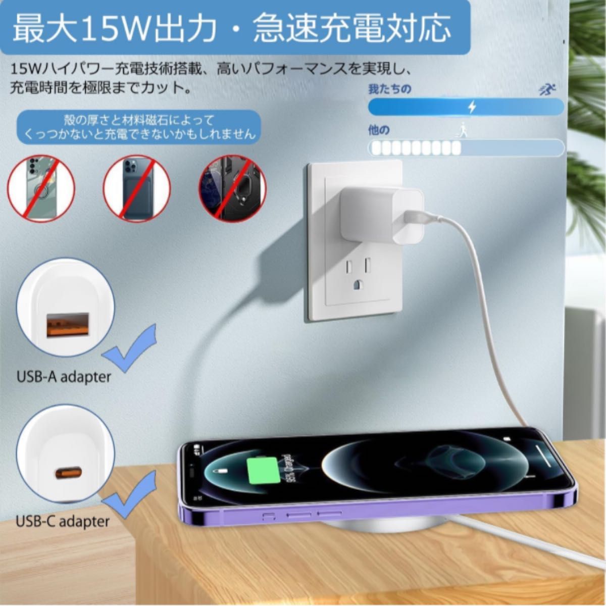 磁気ワイヤレス充電器 マグネット式 充電器 急速 軽量 超薄型 無線充電器 