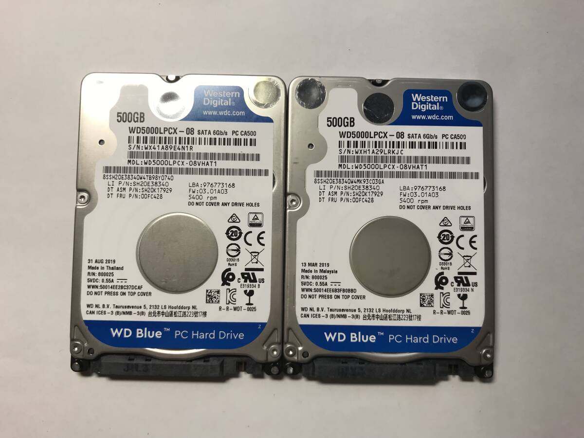 中古パーツ 2.5 インチ SATA 内蔵ハードディスク 厚さ7mm 500GB HDD 5400RPM 2台セット売り 正常品 500(5400)-27_画像1