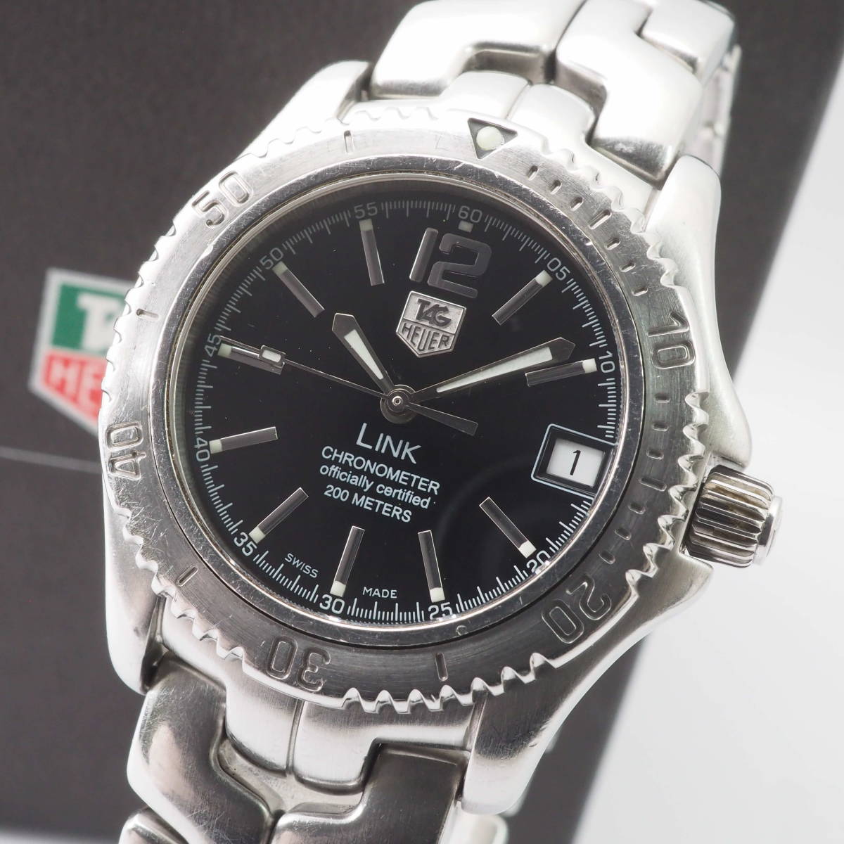 【希少品】タグ・ホイヤー リンク クロノメーター WT5210-0 TAG HEUER LINK 200M デイト 21石 自動巻 黒文字盤 男性腕時計+元箱[214619-ZA2_画像1