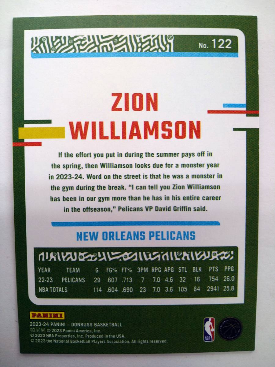 PANINI 2023-24 DONRUSS BASKETBALL BASE No.122 ZION WILLIAMSON LASER FOIL PARALLEL 039/149 特価 ザイオン ウィリアムソン NBA_画像2