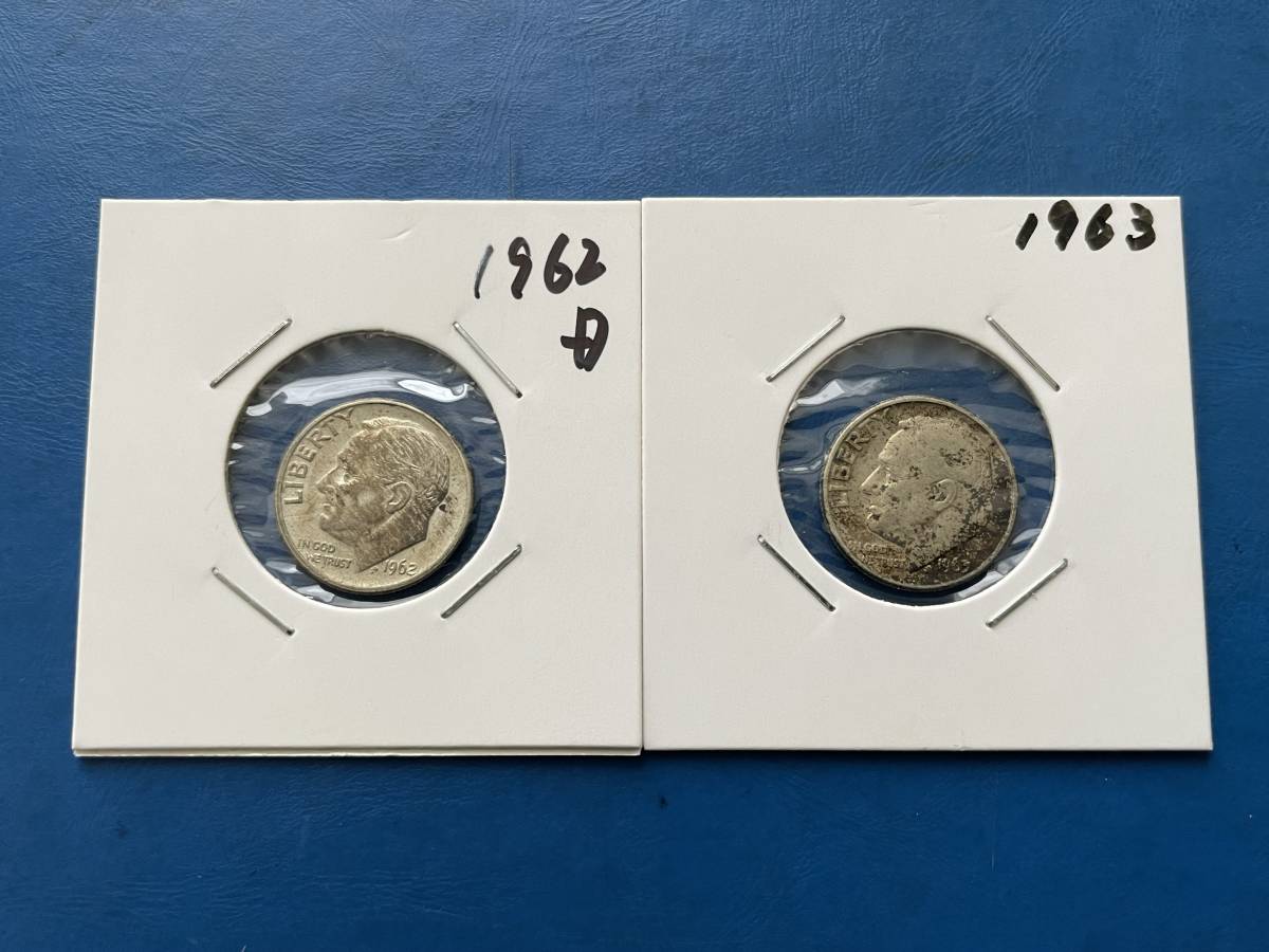 【アメリカ1ＤＩＭＥ（10セント）銀貨2枚：1962（D）/1963年、ルーズベルト、カタログ値（2.5ｇ、silver900）ホルダー入り】銀貨　F195_画像1