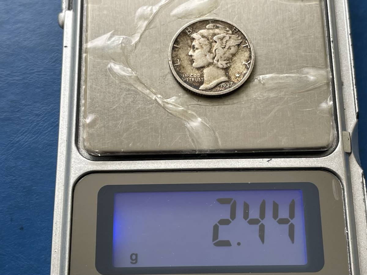 ☆【アメリカ1ＤＩＭＥ（10セント）銀貨：1937(S)年、マーキュリー、カタログ値（2.5ｇ、silver900）】銀貨　F201☆_画像4
