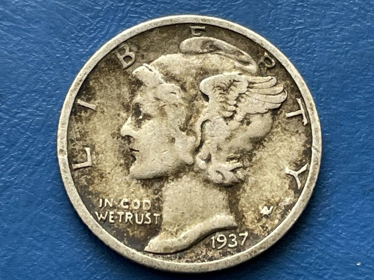 ☆【アメリカ1ＤＩＭＥ（10セント）銀貨：1937(S)年、マーキュリー、カタログ値（2.5ｇ、silver900）】銀貨　F201☆_画像1