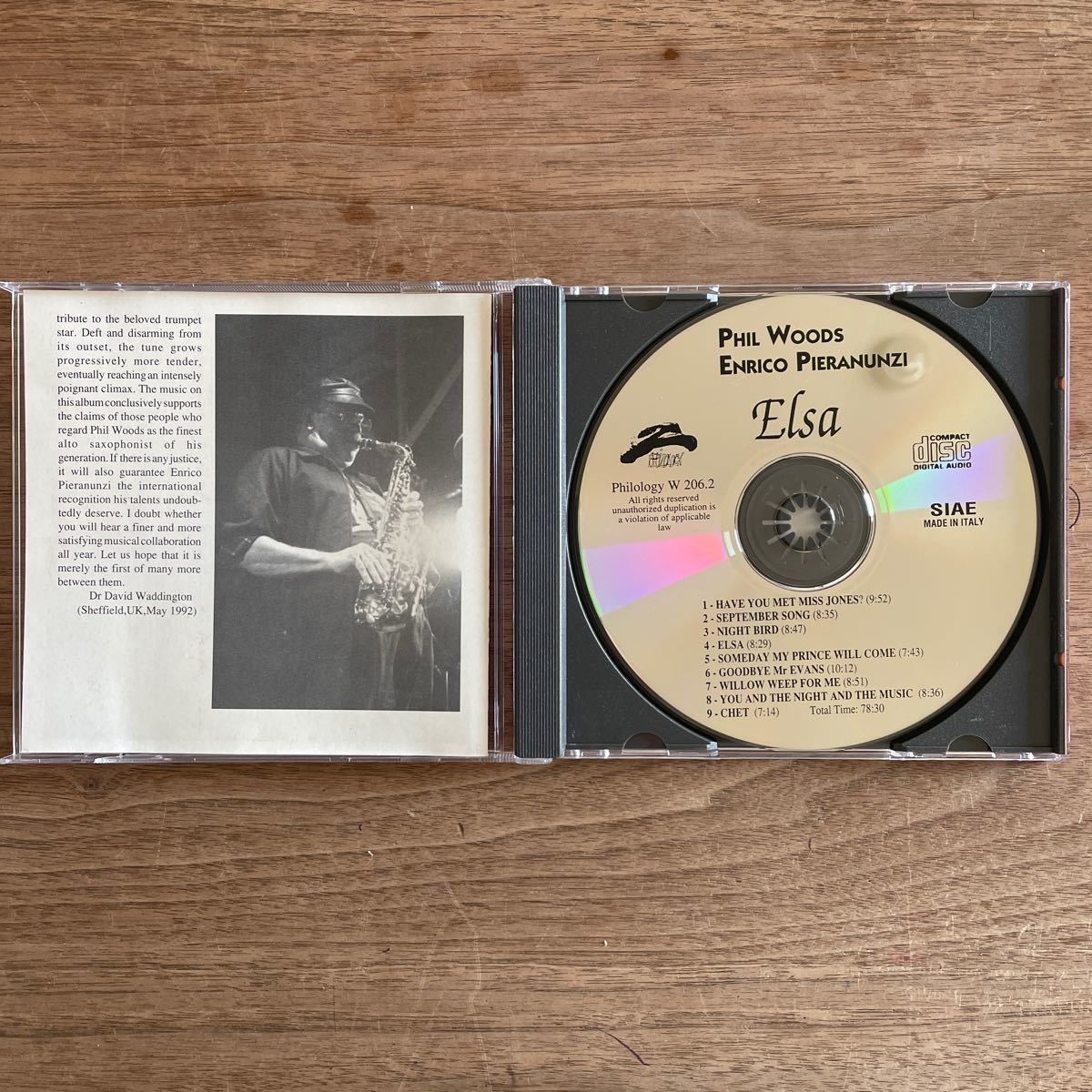 【レア希少廃盤CD】 PHIL WOODS・ENRICO PIERANUNZI 「ELSA」イタリア盤　philology w 206-2 1991年録音　LIVE盤 オリジナル盤　廃盤_画像2