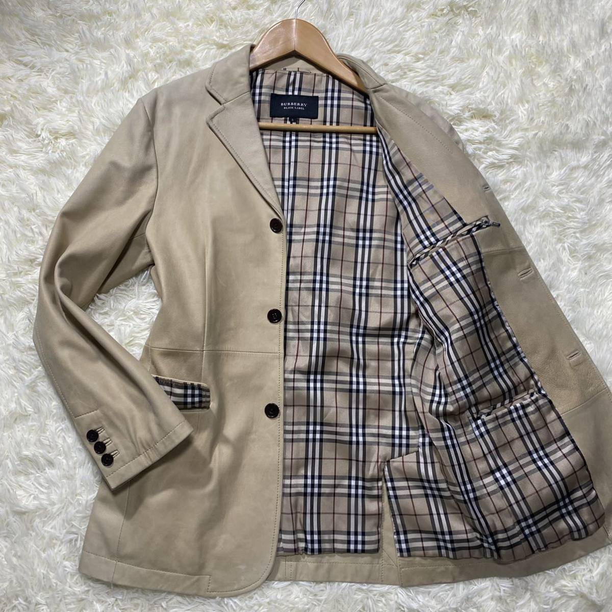 S相当● バーバリーブラックレーベル テーラードジャケット ラムレザー 羊革 ノバチェック BURBERRY BLACK LABEL レザージャケット 刻印釦_画像1