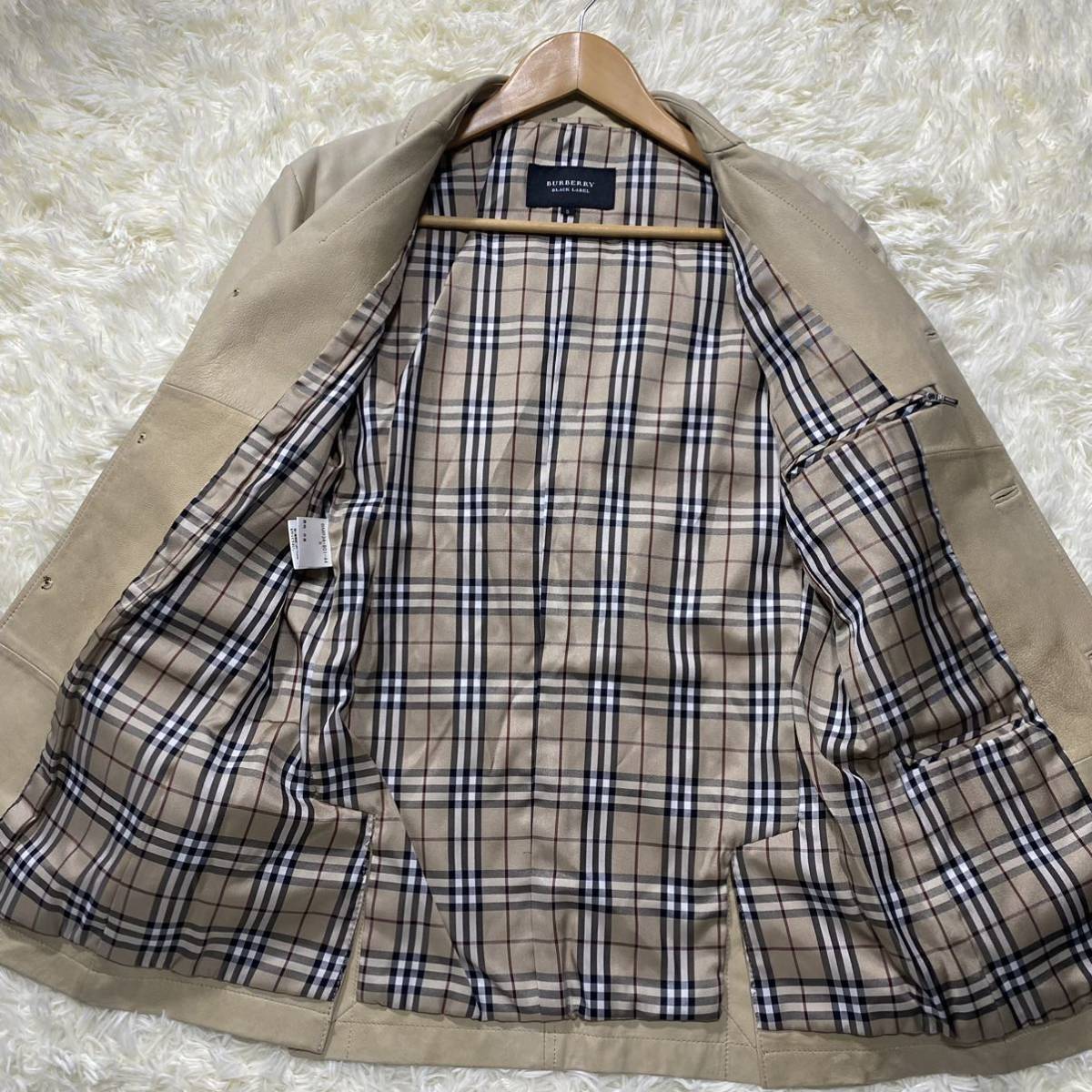 S相当● バーバリーブラックレーベル テーラードジャケット ラムレザー 羊革 ノバチェック BURBERRY BLACK LABEL レザージャケット 刻印釦_画像7