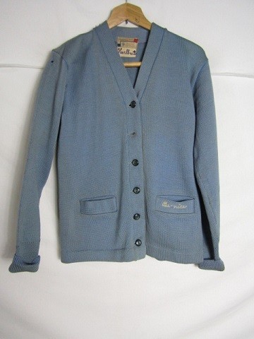 60年代製　general sweater corp　レタード　カーディガン　チェーンステッチ　Mサイズ位　サックス　vintage