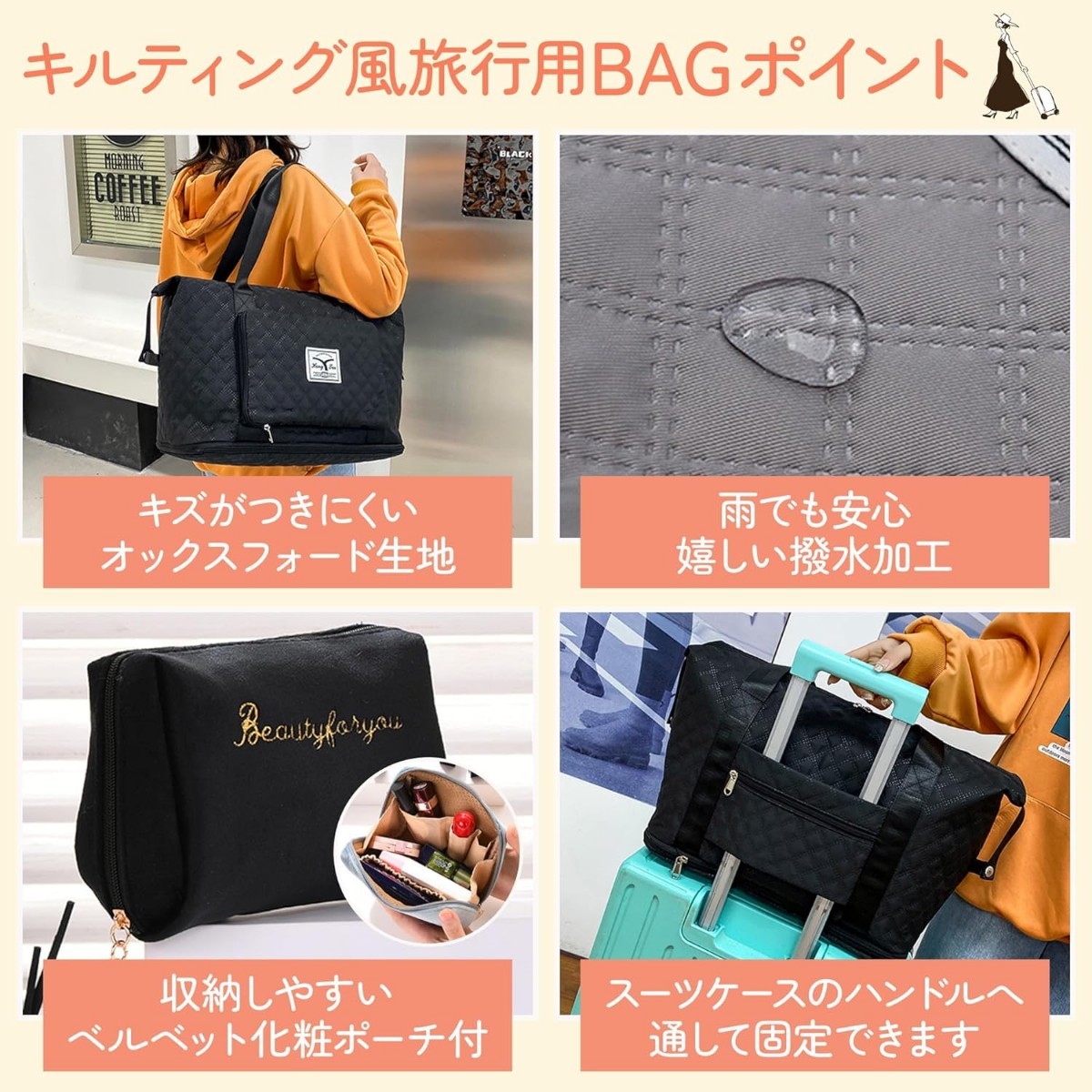 新品 定価3,180円 ネイビー alpaco キルティング風 旅行用バッグ ボストンバッグ レディース 大容量 拡張 折り畳み 防水 キャリーオン 紺色