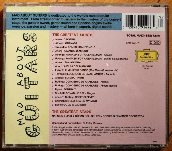 [CD] Mad About Guitars / Narciso Yepes,Gran Sllscher ★ カナダ盤 439-149-2 ナルシソ・イエペス イェラン・セルシェル ギター_画像2