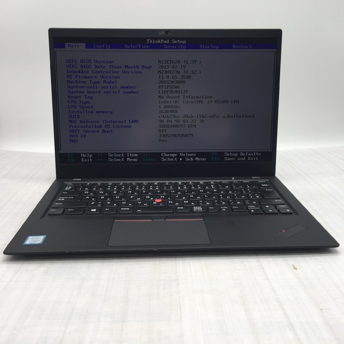 Lenovo ThinkPad X1 Carbon 20KG-SA3W00 Core i7 8550U 1.80GHz/16GB/256GB(SSD) 〔B0525〕_画像2