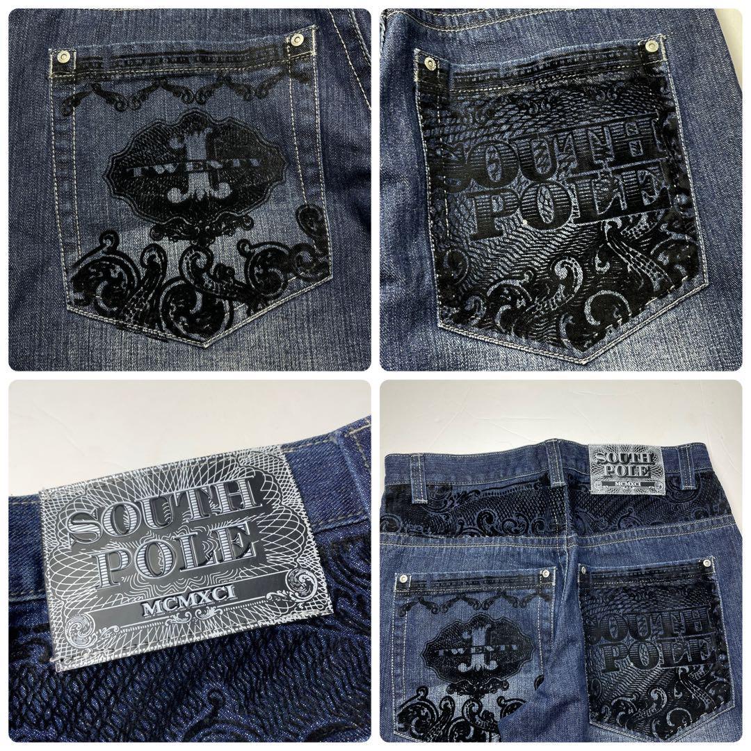 SOUTH POLE サウスポール バギーデニム ジーンズ ジーパン Gパン w34 b系 ストリート y2k 刺繍 古着 オーバーサイズ 青 ブルー メンズ