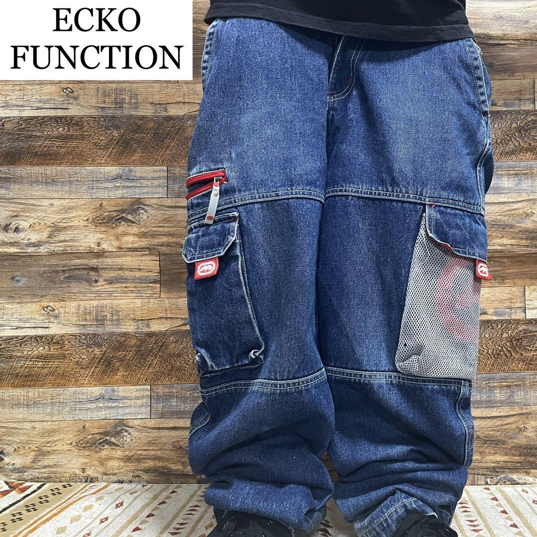 ECKO FUNCTION エコー バギーデニムカーゴパンツ 刺繍 ジーンズ ジーパン Gパン ストリート 古着 w32 b系 y2k 青 ブルー  オーバーサイズ