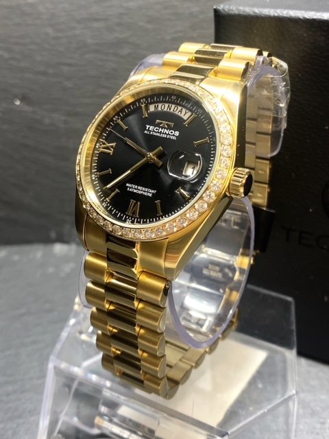 新品 腕時計 正規品 TECHNOS テクノス クオーツ アナログ腕時計 防水 カレンダー ステンレス ゴールド ブラック シンプル 3針 プレゼント_画像4