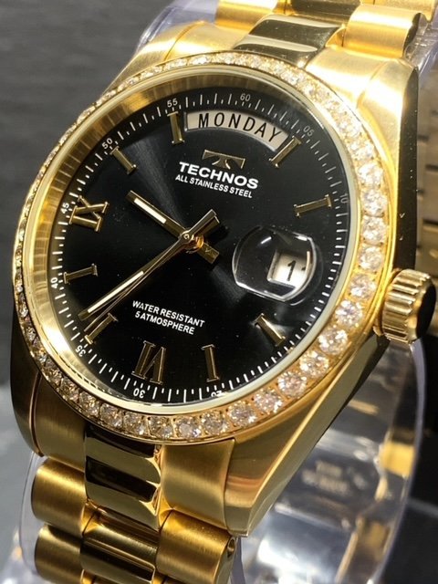 新品 腕時計 正規品 TECHNOS テクノス クオーツ アナログ腕時計 防水 カレンダー ステンレス ゴールド ブラック シンプル 3針 プレゼント_画像3