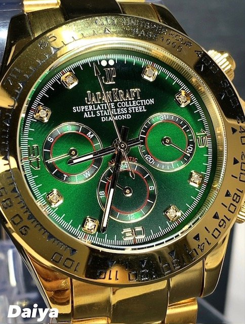8石天然ダイヤモンド付き 新品 JAPAN KRAFT ジャパンクラフト 腕時計 正規品 クロノグラフ 自動巻き オートマティック ゴールド グリーン_画像1