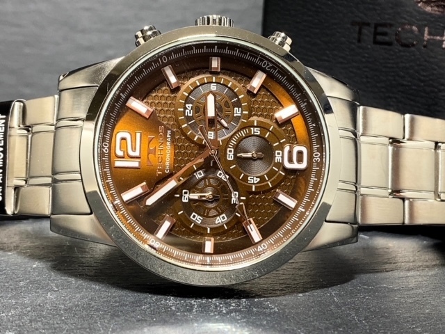 新品 TECHNOS テクノス 正規品 腕時計 メンズ クロノグラフ 腕時 アナログ 3Ｄインデックス 多機能腕時計 10気圧防水 ブラウン ステンレス_画像5