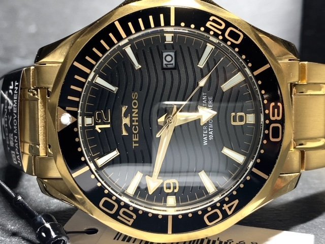 新品 TECHNOS テクノス 腕時計 正規品 アナログ腕時計 クオーツ カレンダー 10気圧防水 ステンレス シンプル ゴールド ブラック プレゼント_画像6