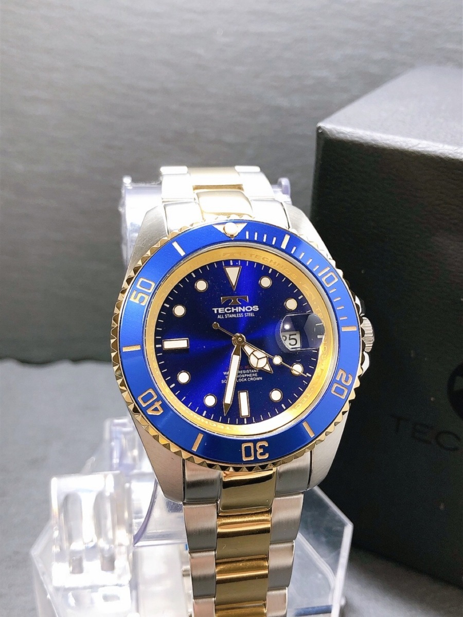 新品 TECHNOS テクノス 正規品 腕時計 シルバー ブルー ゴールド クロノグラフ オールステンレス アナログ腕時計 多機能腕時計 防水 メンズ_画像2