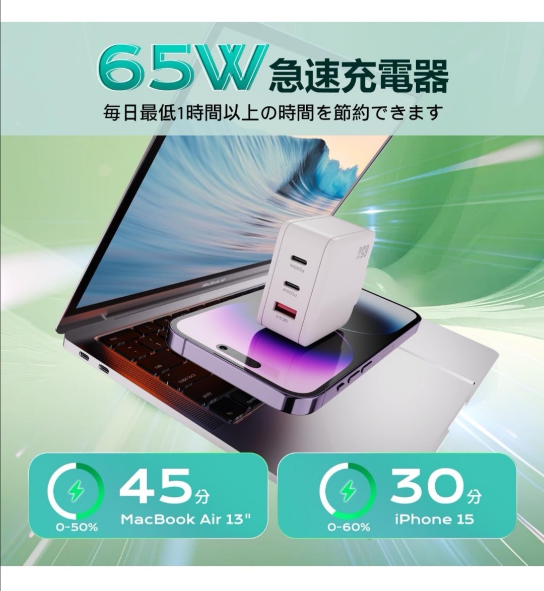 PD USB充電器 65W GaN Type C 急速充電器 高速充電器 PD対応_画像2