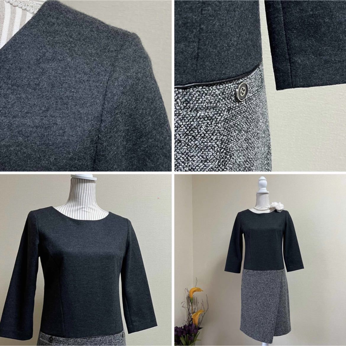 美品 UNTITLED アンタイトル ツイード切替 七分袖 ワンピース 2 美品 UNTITLED アンタイトル ツイード切替 七分袖 ワンピース 2