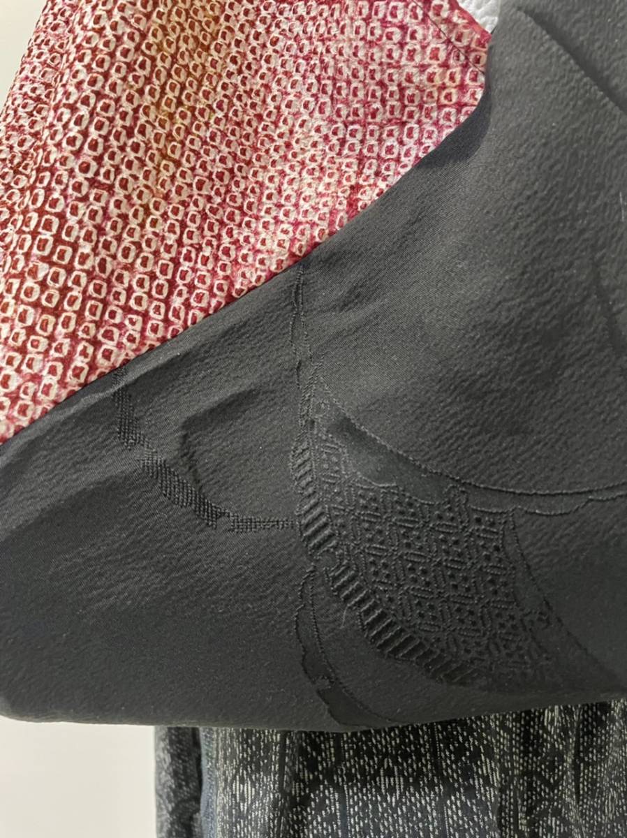 着物リメイク★エコバッグあづま袋を作りました　正絹縮緬地模様＆絞り染め　黒紅_画像3