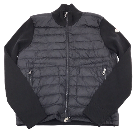 1円 モンクレール サイズL ダウンニット フロントジップ ハイネック ポケット メンズ ブラック MONCLER ウール A10752_画像1